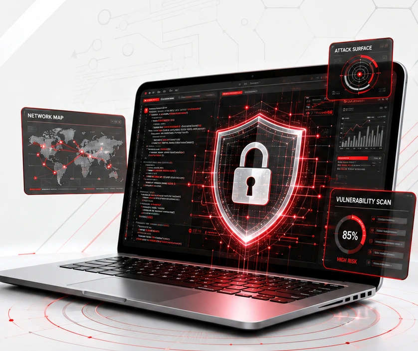Laptop con paneles de seguridad y análisis de vulnerabilidades