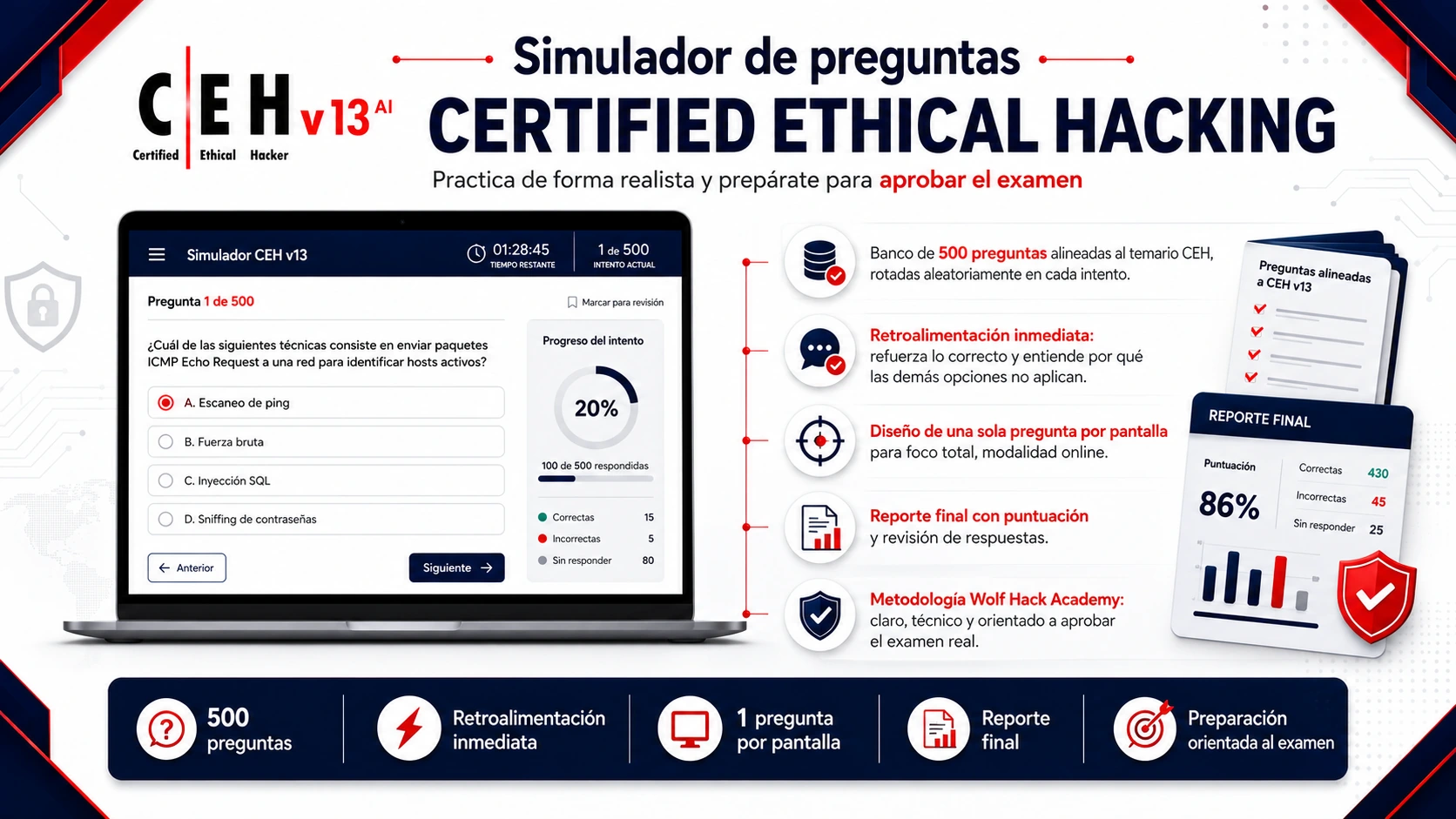 Simulador CEH con 500 preguntas, retroalimentación y reporte final